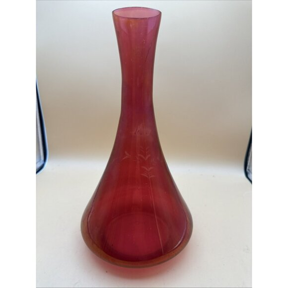 Bohemian Vase Czech Cut To Clear Cranberry Clear Cut Blossoms - Picture 4 of 8